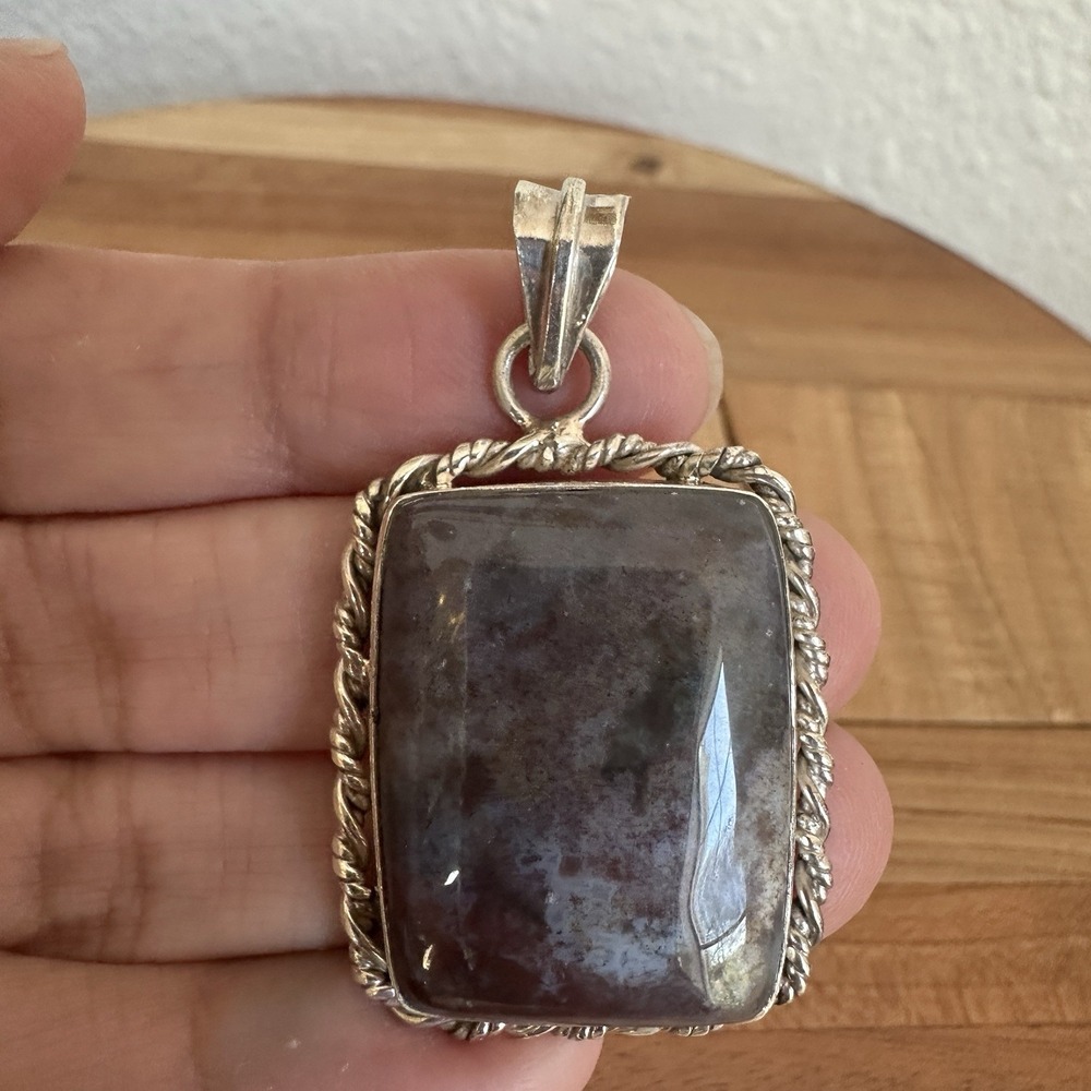 Vintage‎ Artisan Pendant 1.875 Inch Purple Moss Agate Jasper 925 Sterling 16.5g